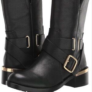 Vince Camuto WETHIMA Boots Black Butter Calf Leather Gold zipper buckle NEW